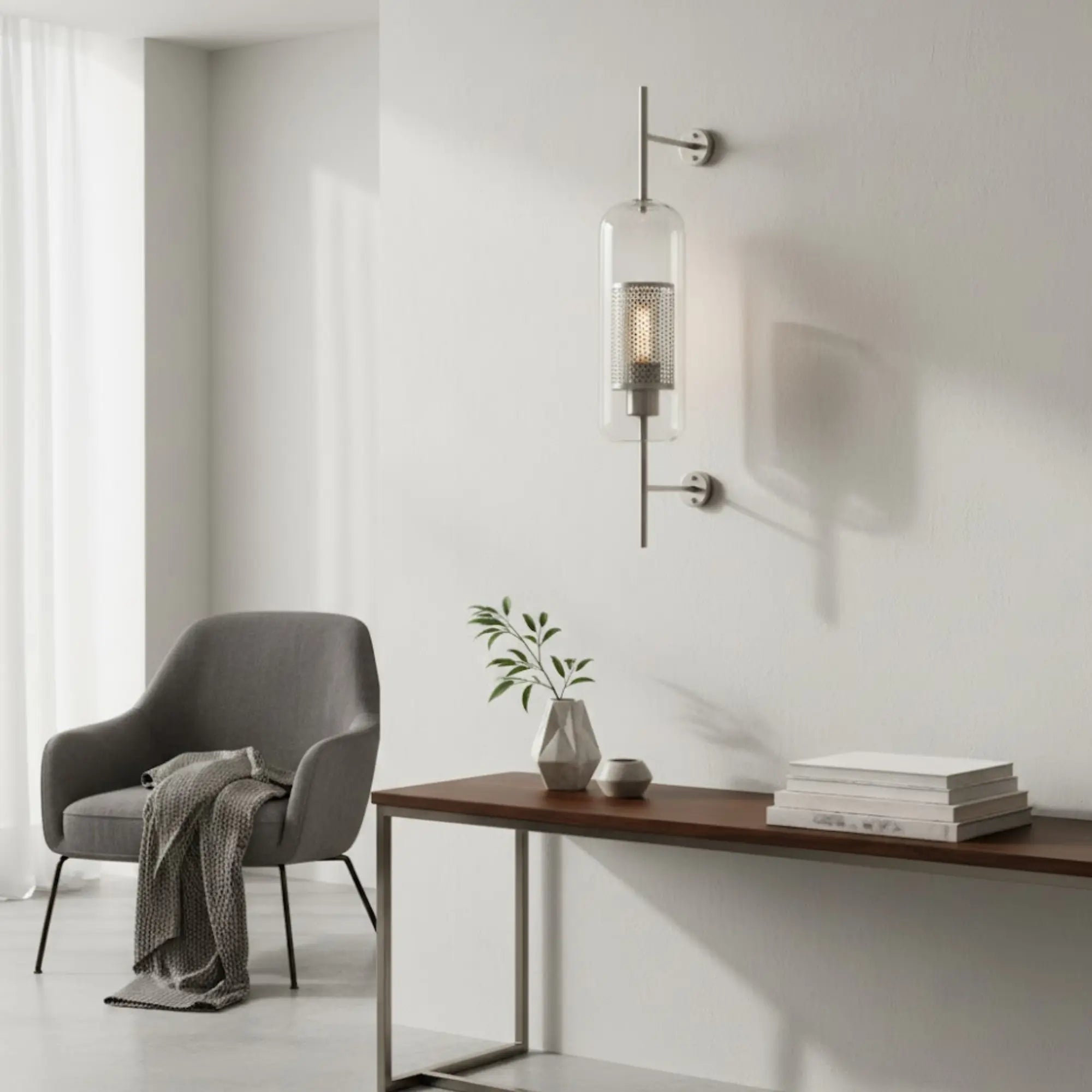 Soft natural light pairs beautifully with the Modern Vertical Tube Glass Kitchen Wall Light.