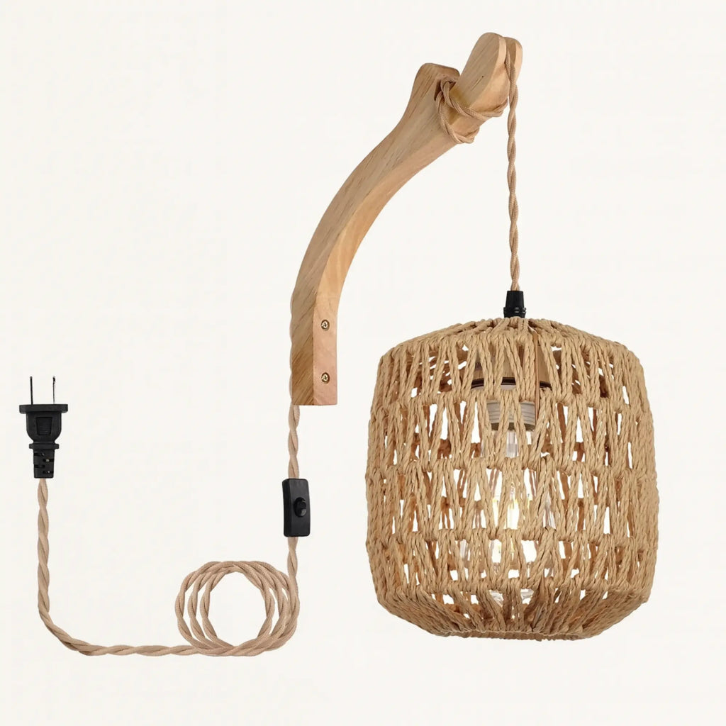 Experience warm, rustic lighting with a woven rattan shade and soft ambient glow.