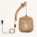 Experience warm, rustic lighting with a woven rattan shade and soft ambient glow.