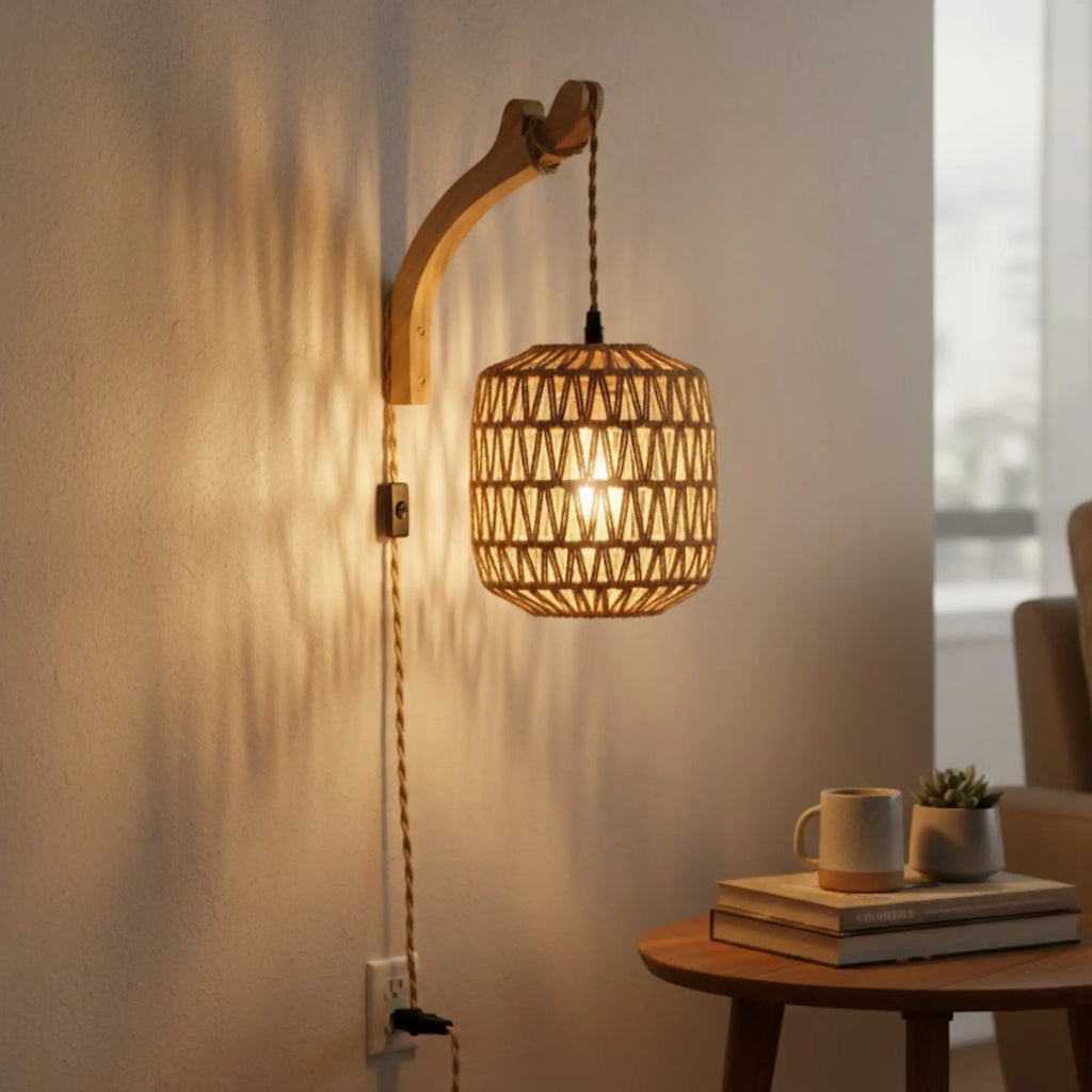 The rattan wall light glows softly, casting beautiful patterned shadows on the nearby wall.