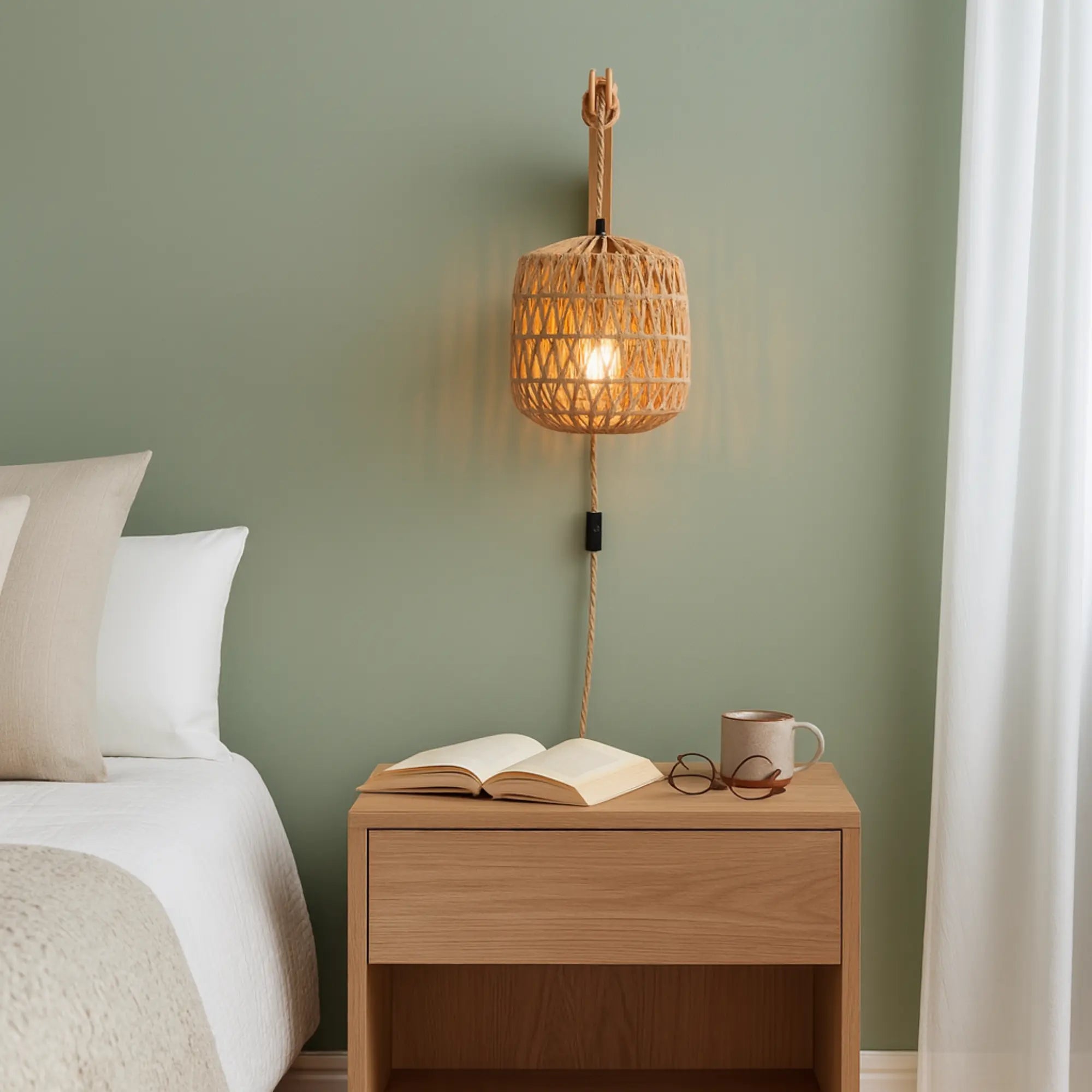 ORLUNE HOME rattan wall light with wood base fills the room with a warm, inviting glow.