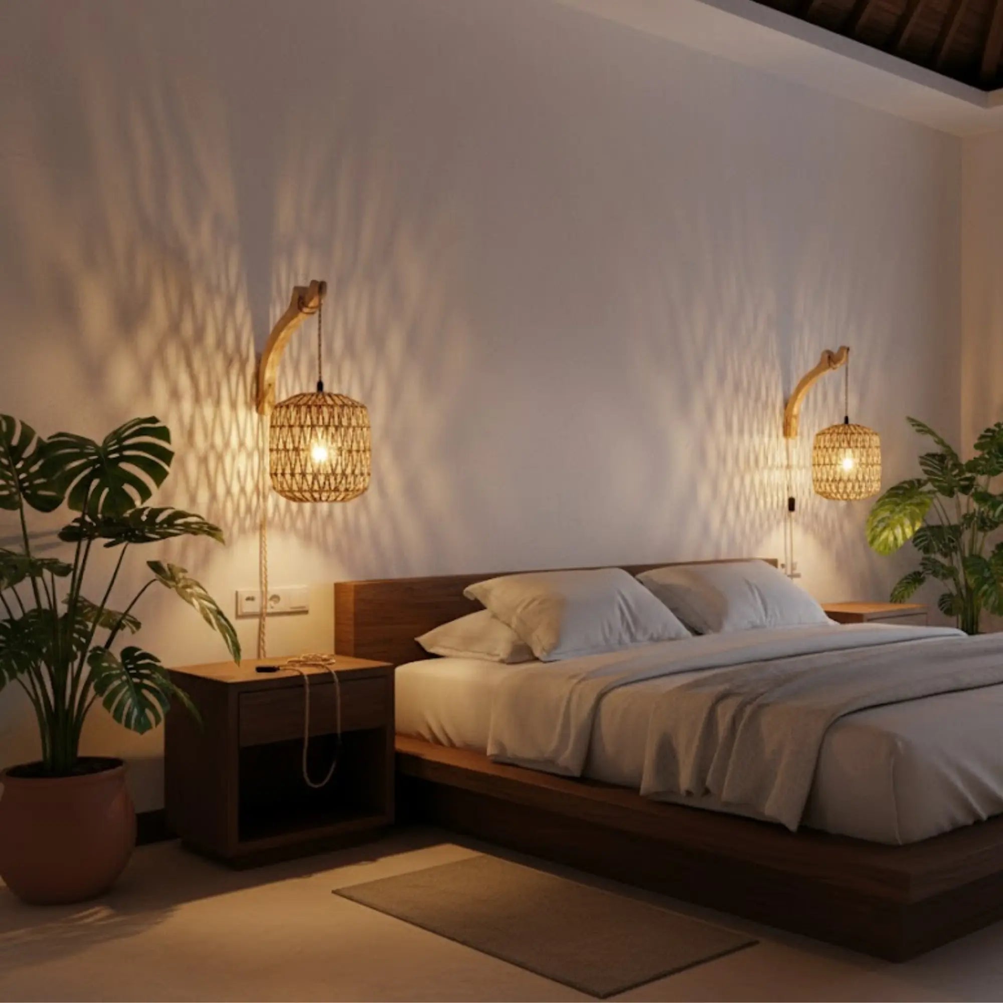ORLUNE HOME rattan wall lights with wood bases cast beautiful patterns on the walls.
