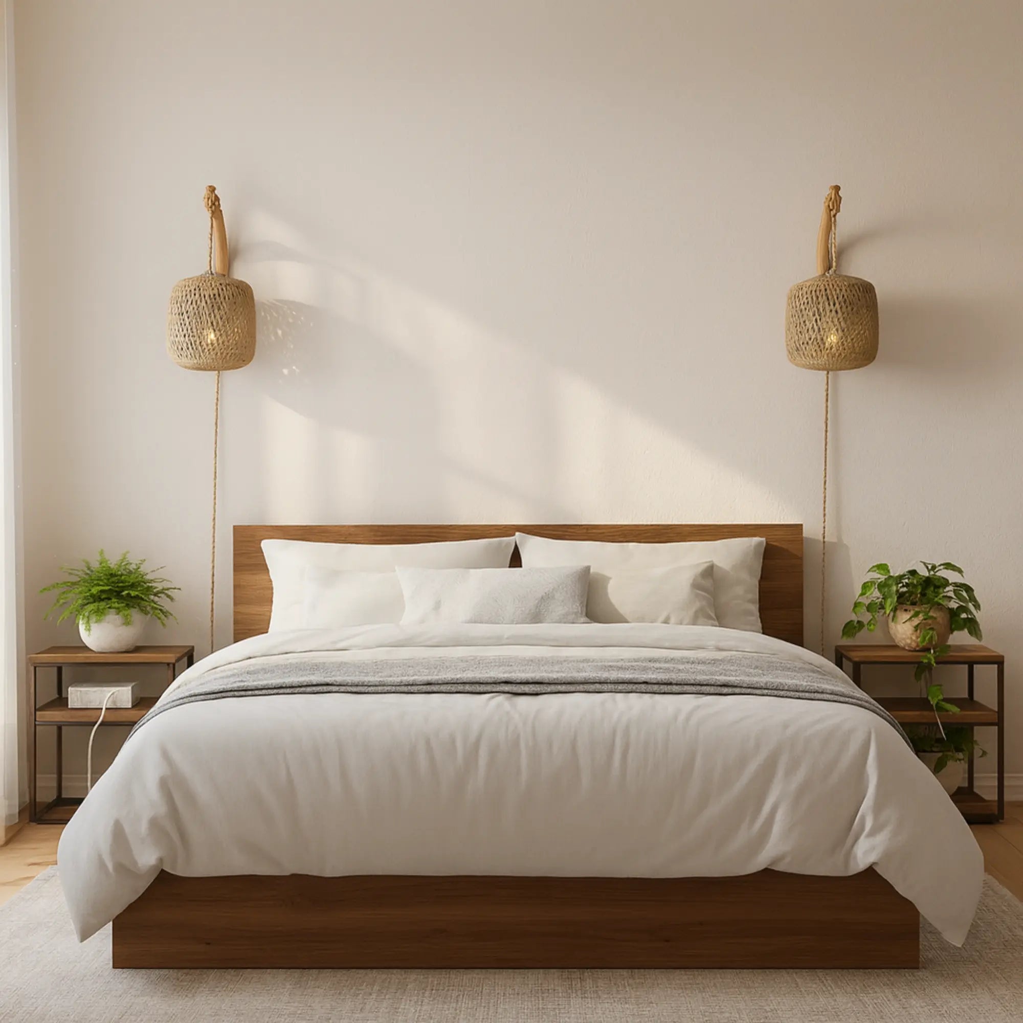 ORLUNE HOME’s rattan wall light with wood base brings cozy, natural illumination above.