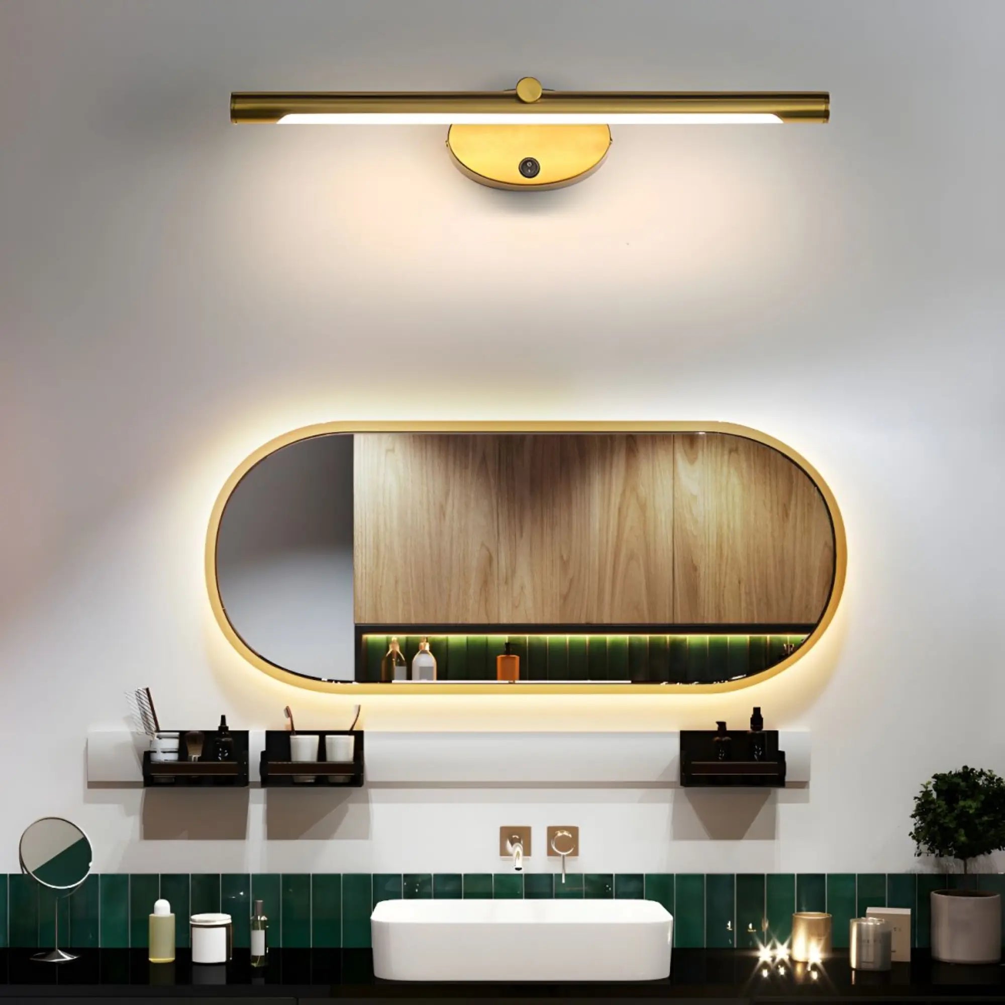 Luminaire mural LED tactile noir ou doré, éclairage intégré autour du miroir.