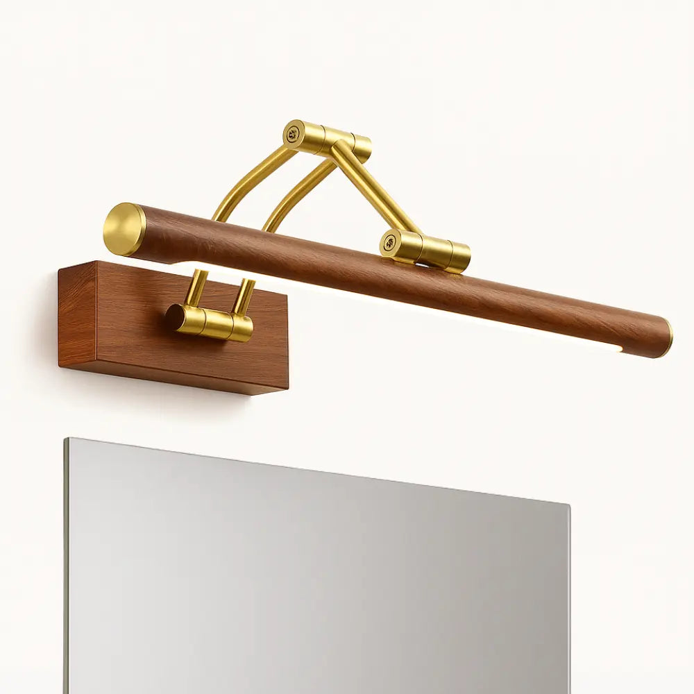 Luminaire mural LED doré, bois élégant, design cylindrique moderne pour salle de bain.