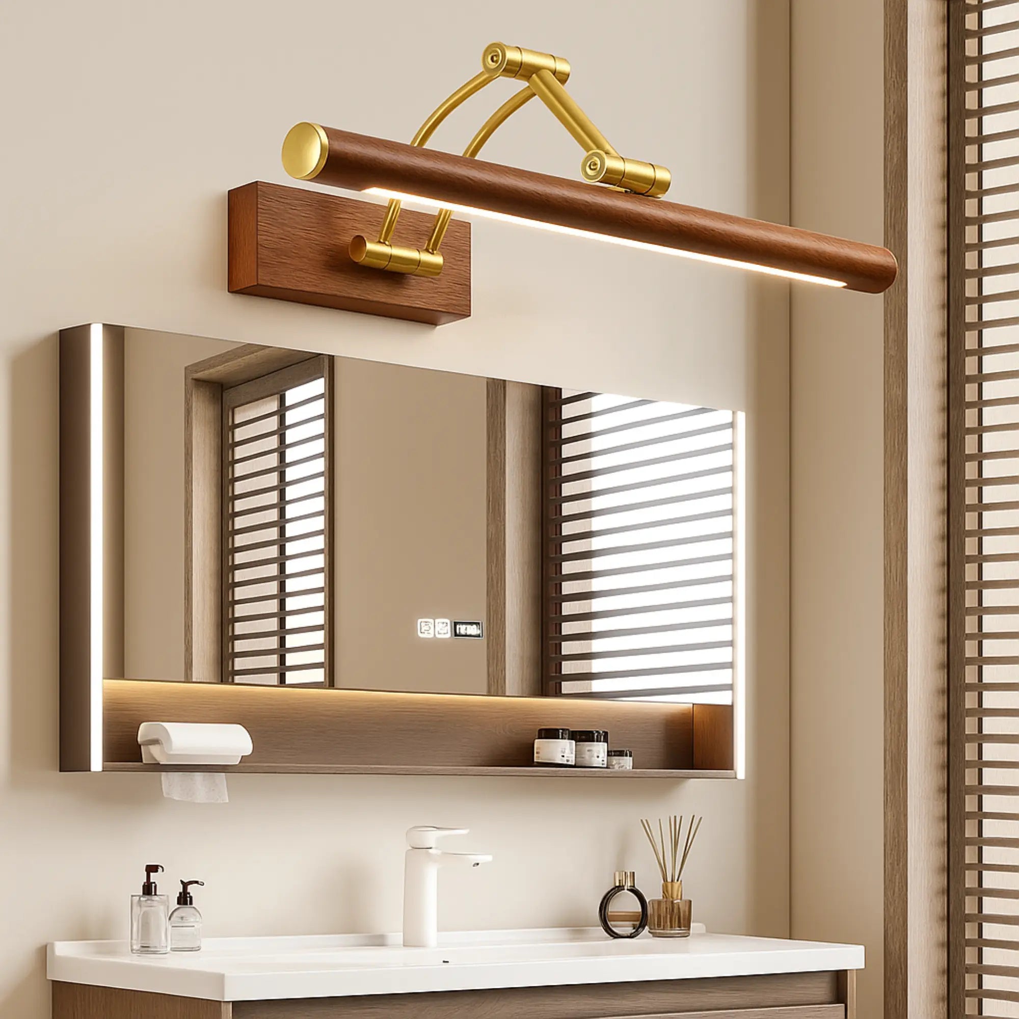 Le LUMINAIRE MAISON applique murale LED bois doré moderne éclaire élégamment un miroir.
