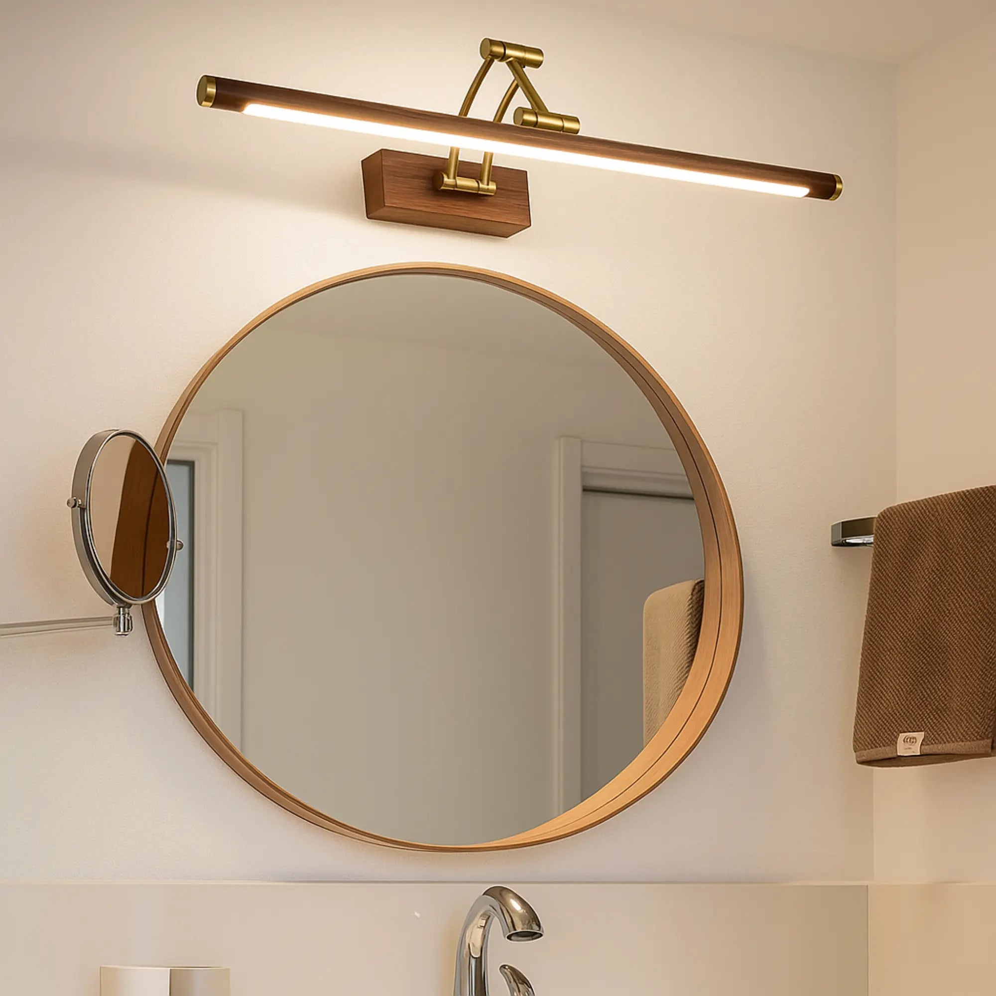 Luminaire mural bois doré moderne LED élégant, installé au-dessus d'un miroir rond.