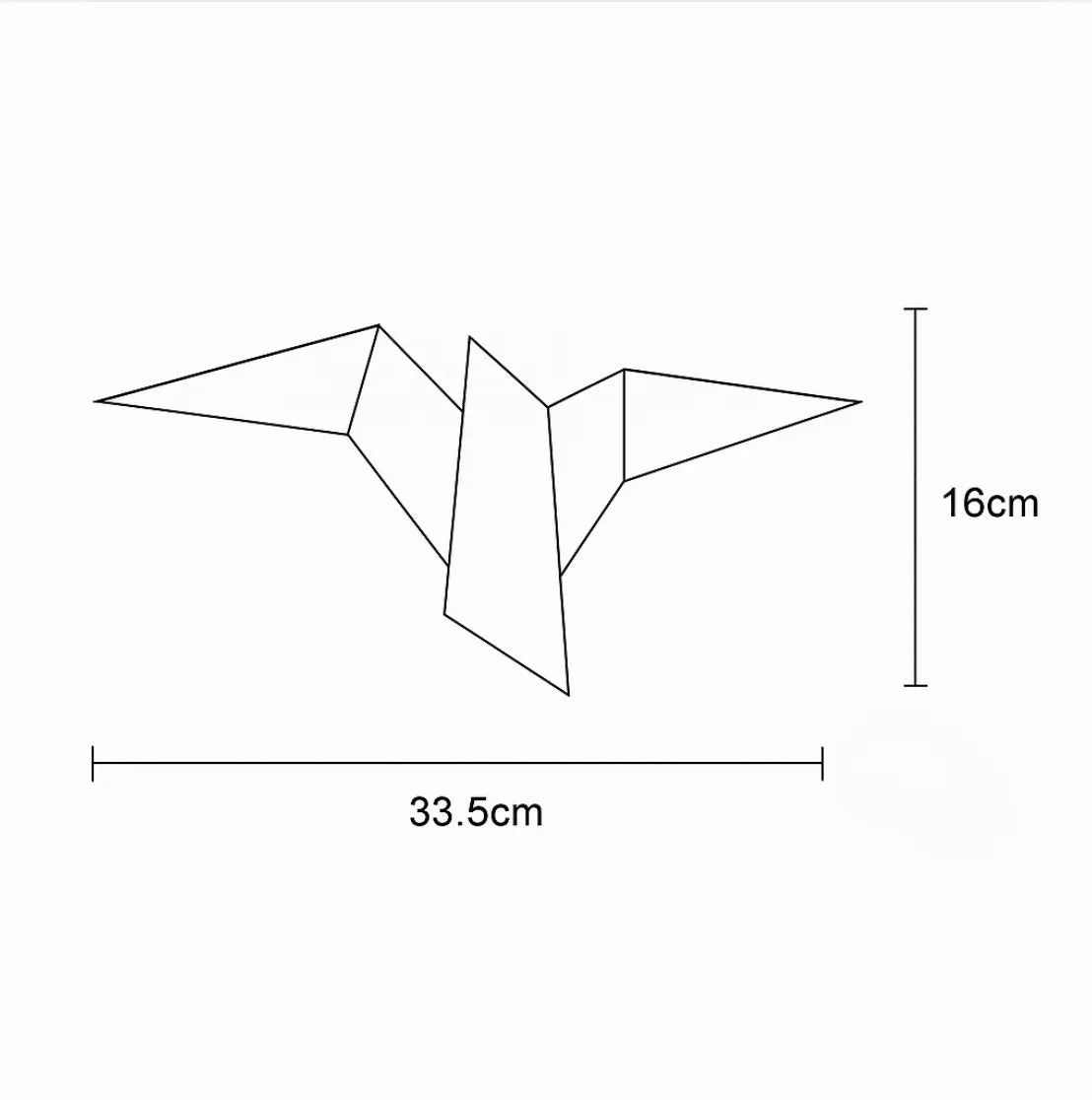 Line drawing of geometric Origami LED wall light, 33.5 cm wide, 16 cm high, acrylic diffuser.