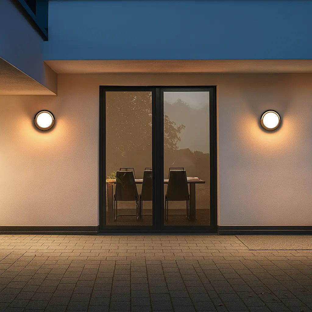 ORLUNE HOME round LED wall lights emit warm light, highlighting the white walls beautifully.