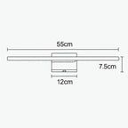 Dessin au trait d'une applique LED rectangulaire, 55 cm x 7,5 cm x 12 cm, sur une base rectangulaire.