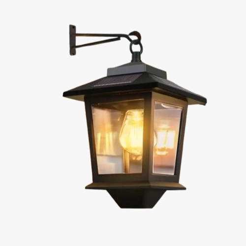 Classic aluminum wall lantern with clear tempered glass, inner bulb, and dusk sensor for illumination.
