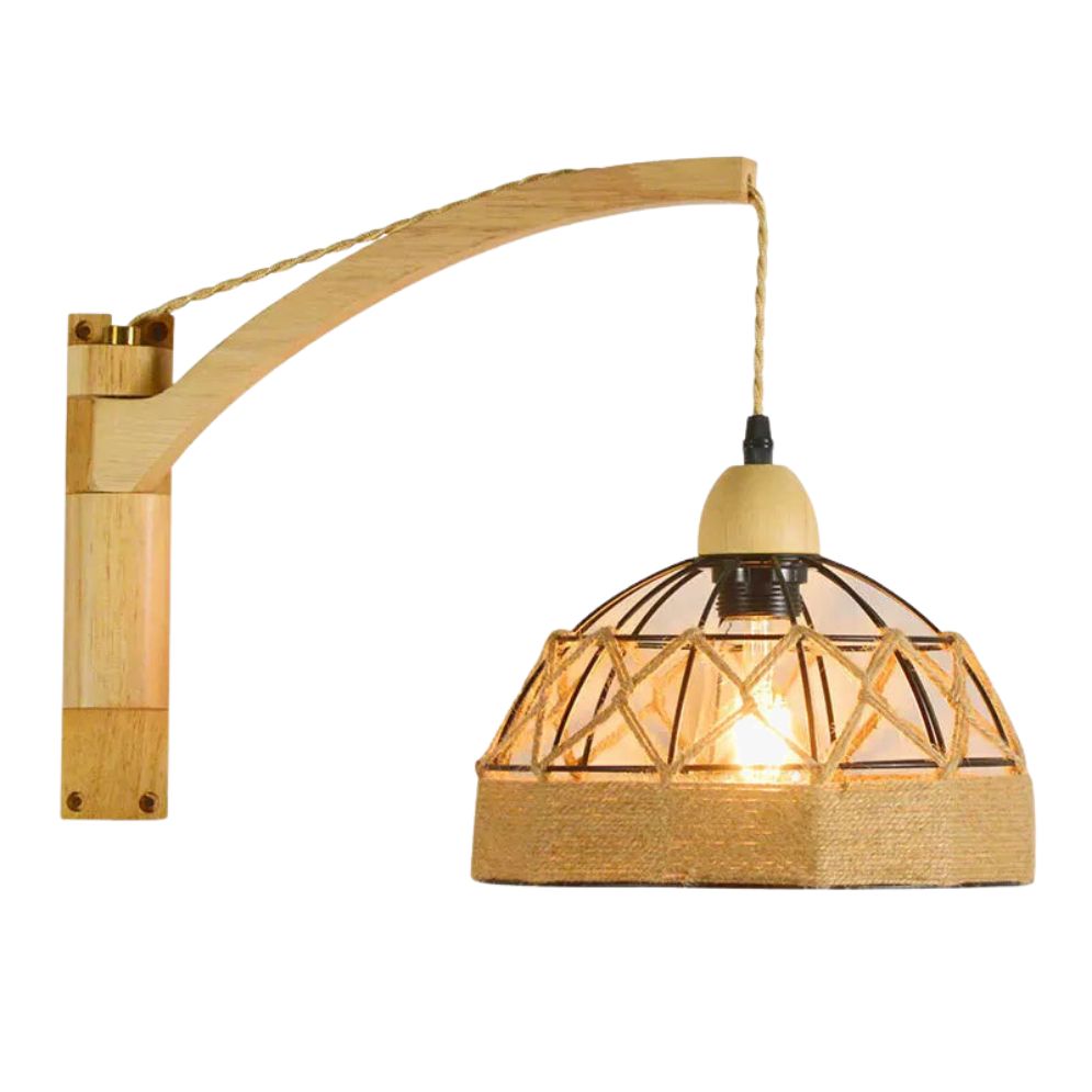 Curved wood arm wall light with a dome wicker shade, partially revealing the bulb.