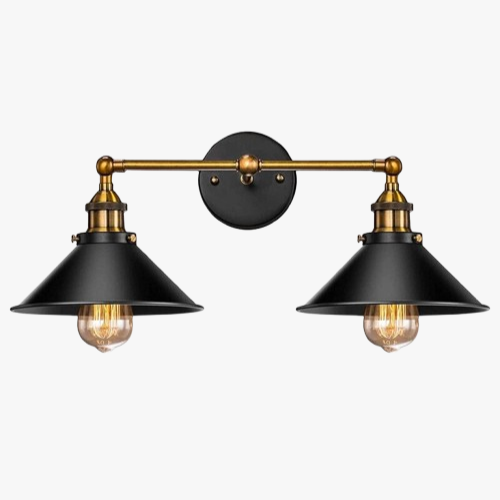 Dual conical shades cast focused accent lighting with striking black and gold exposed bulbs.