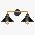 Dual conical shades cast focused accent lighting with striking black and gold exposed bulbs.