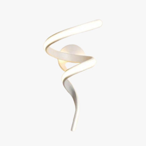 Luminaire mural LED blanc, design spirale élégante, base ronde en aluminium et acrylique.