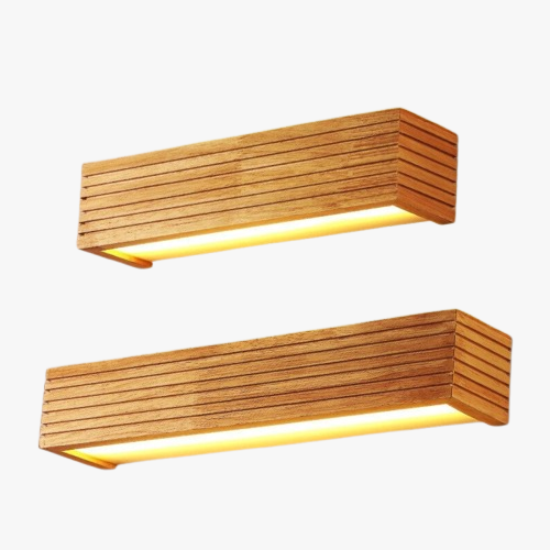Warm yellow LED light emits softly from grooved wooden fixture, highlighting Japanese-inspired lighting design.