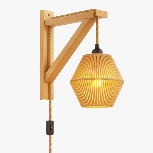 Offers soft, inviting indoor lighting with a warm glow from braided shade and wood frame.