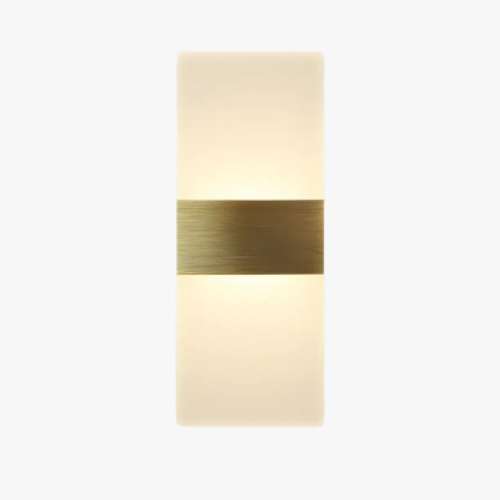 Rectangular wall sconce with frosted acrylic shade and brushed brass band, glowing warmly.