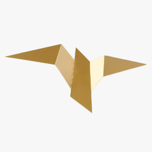 Golden crane-inspired LED wall light with sharp wings, geometric lines, and refined acrylic diffuser.