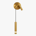 Modern gold cylindrical wall sconce with adjustable LED spotlight and illuminated band near bottom.