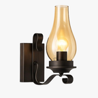Warm, glowing bulb shines through retro amber glass, giving rich golden kitchen lighting.