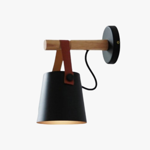 Modern wall lamp emits focused, adjustable lighting with stylish wooden and black metal elements.