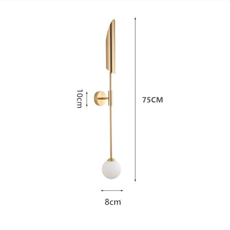 Modern golden LED wall light, vertical steel design, round base, white globe at bottom.