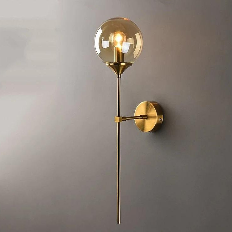 Sleek brushed steel wall light with vertical rod and round glass globe shade.