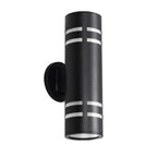 Modern black cylindrical aluminum LED wall light with horizontal silver accents, dual-ended illumination.