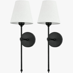 Modern metal grid LED wall lights with black bases and white shades, minimalist style.