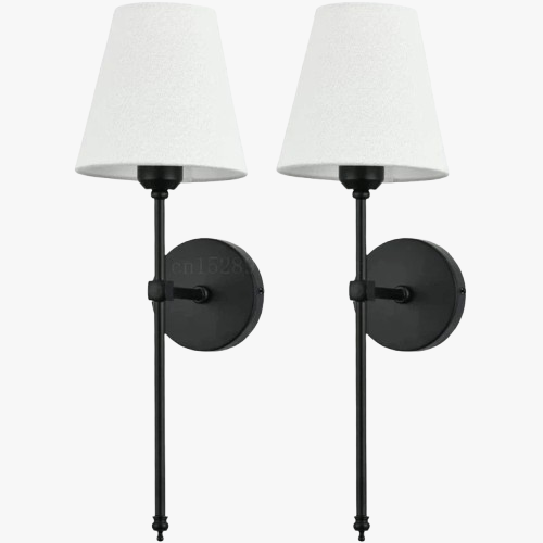 Modern metal grid LED wall lights with black bases and white shades, minimalist style.