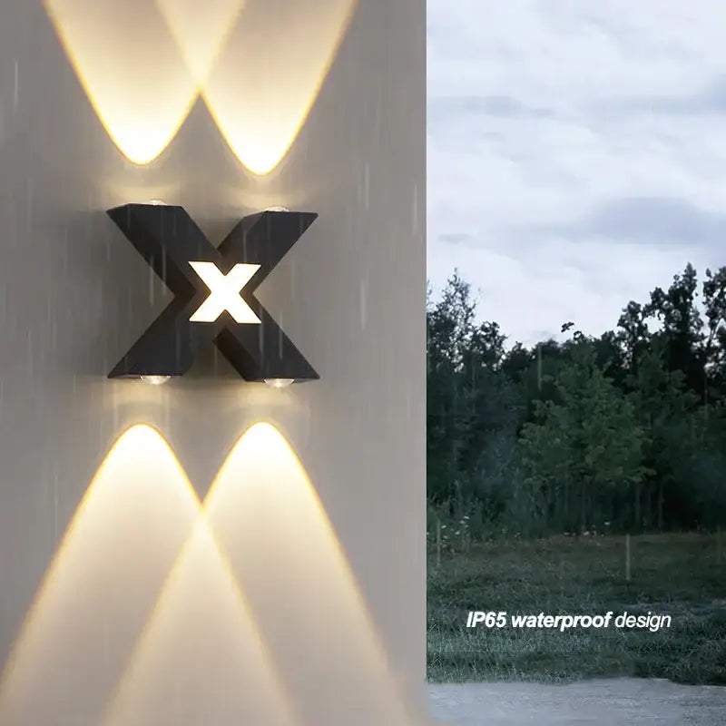Outdoor X-shaped LED waterproof aluminum wall light with up and down glowing beams.