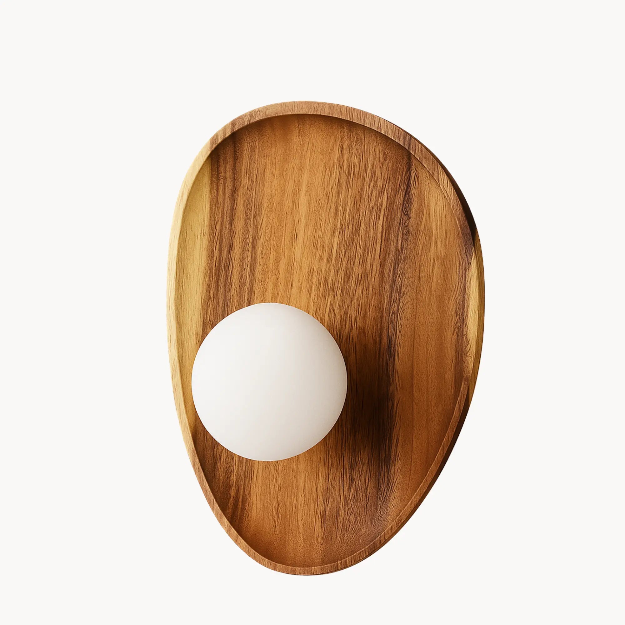 Oval natural wood wall light with white opal diffuser, highlighting wood grain detail.