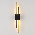 Rectangular black center wall light with twin gold rods, softly LED-backlit for warmth.