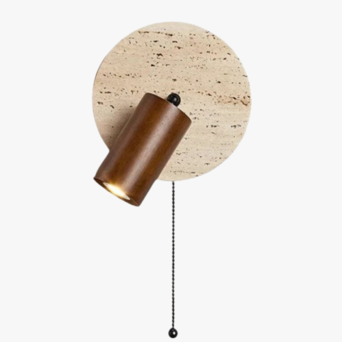 Round beige marble base, angled wooden cylinder, black-beaded pull chain; modern wall light design.