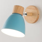Round wood base and arm, blue metal shade; 360° rotating modern downward wall light.