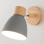 Round wooden base, matte grey metal shade, 360° rotation; soft contemporary Scandinavian wall lamp.