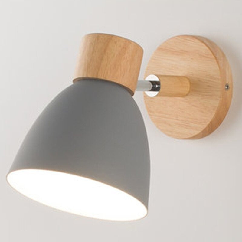 Round wooden base, matte grey metal shade, 360° rotation; soft contemporary Scandinavian wall lamp.
