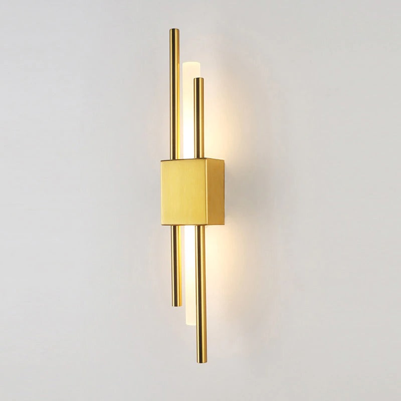 Sleek black and gold metal kitchen wall light with frosted LED tube and vertical gold rods.