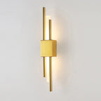 Sleek black and gold metal kitchen wall light with frosted LED tube and vertical gold rods.