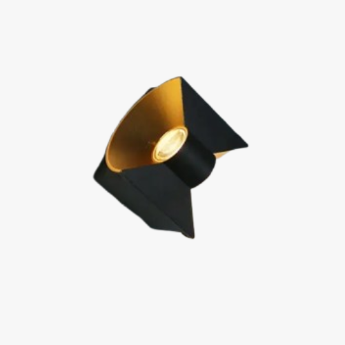 Sleek black curved LED wall light with gold reflector and angled design, IP65 waterproof.