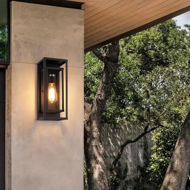 Sleek black metal outdoor wall light with exposed bulb and IP65 rating, modern design.
