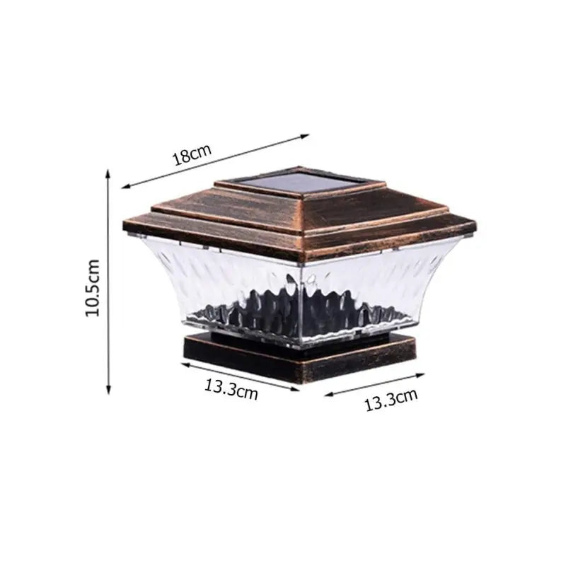Sleek black square ABS solar wall light with ribbed glass, 10.5x13.3x18 cm dimensions.