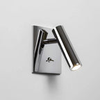 Sleek chrome LED cube wall light with rectangular base and adjustable cylindrical head.