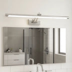 Sleek rectangular Modern Aluminum LED Bathroom Wall Light mounted above a mirror, softly illuminated.