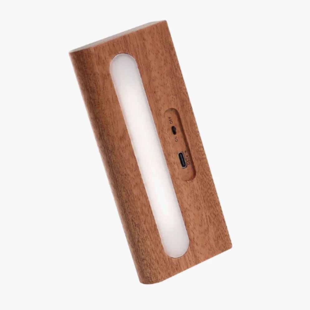 Slim, rectangular wooden wall light with vertical frosted LED panel, USB port, front switch.