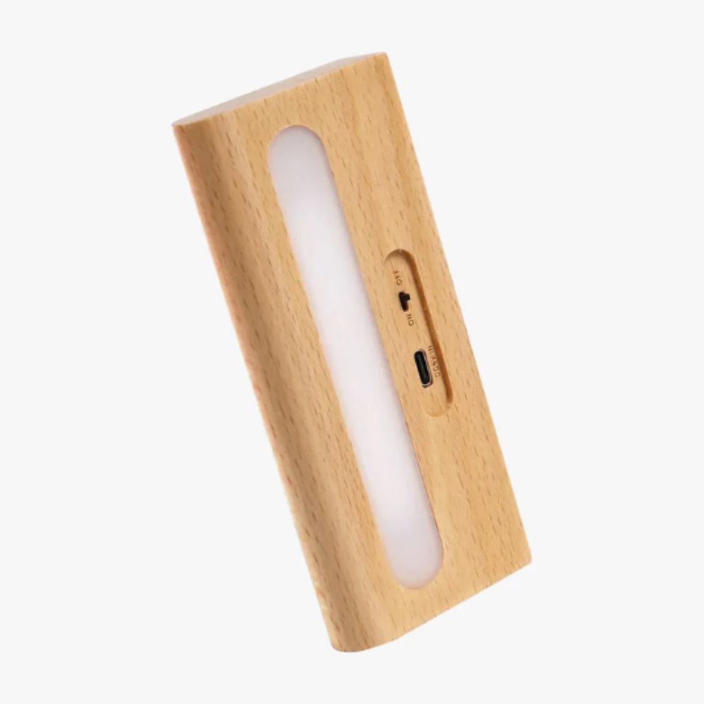Slim wooden solar LED wall light with frosted central panel, switch, and USB port visible.