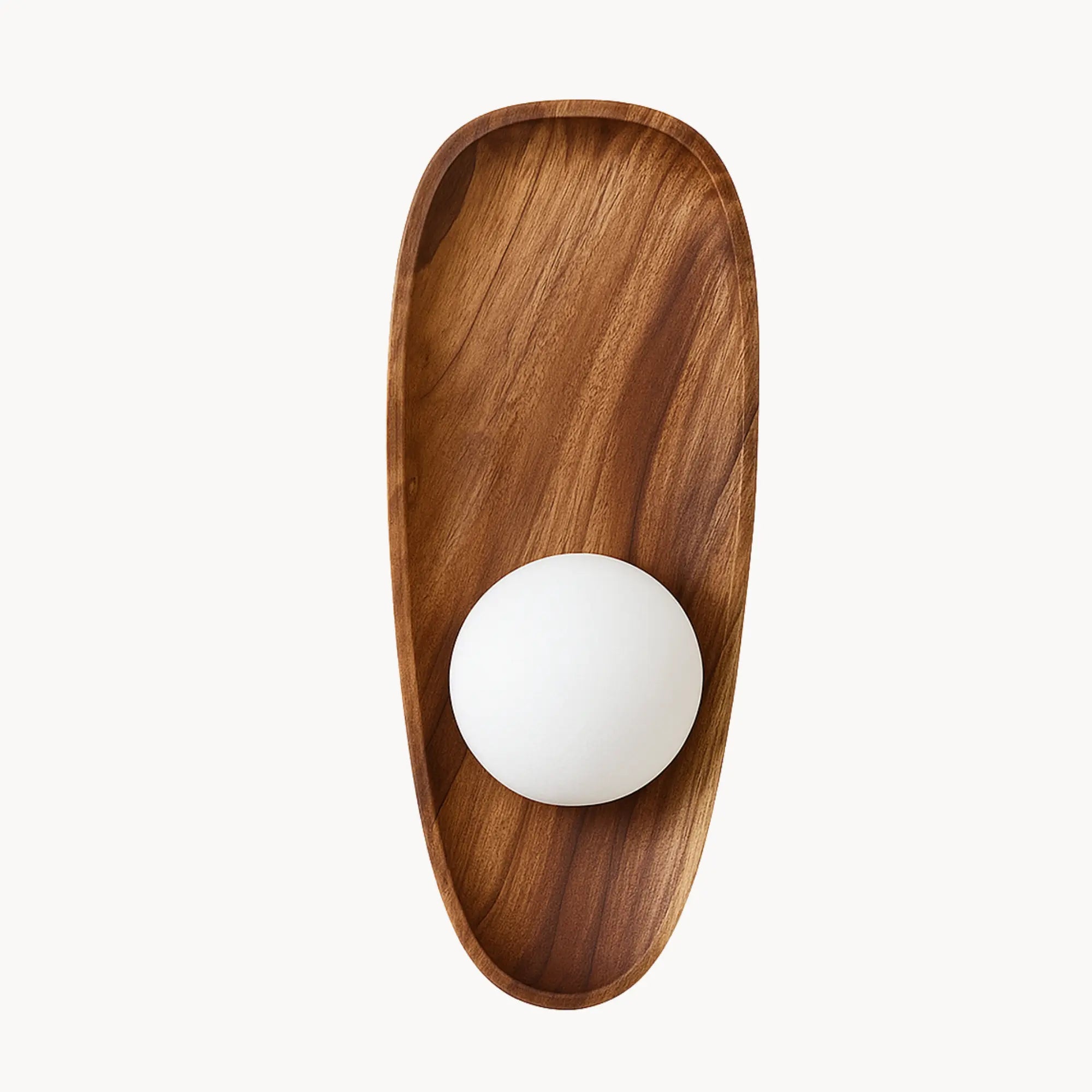 Smooth oval wooden base with rich grain, centered white opal diffuser, isolated on white.