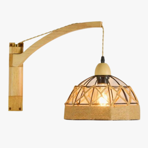 Wall light with arched arm, geometric rattan dome shade, and exposed bulb.