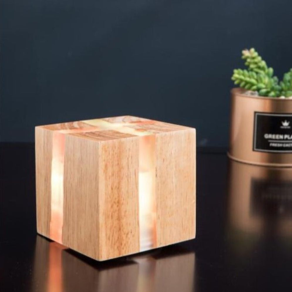 Wooden Cube LED Wall Light with glowing vertical strips, modern and minimalist design.